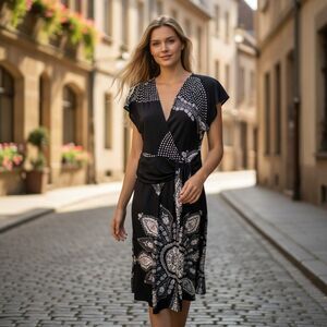 Purple Rain Dress Beautiful Black and White Floral Cap Sleeve Twist Bodice L